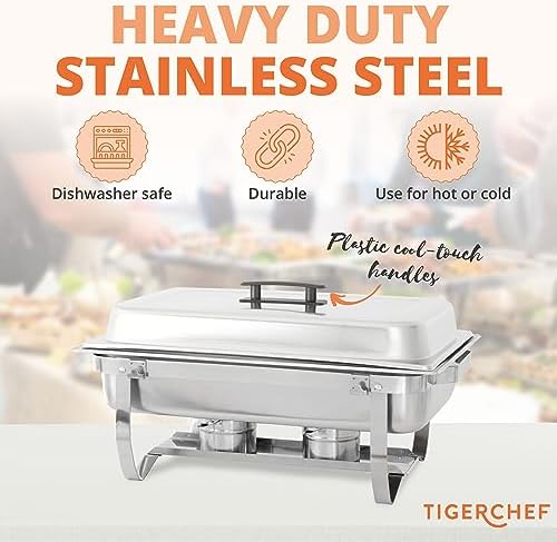 Complete Stainless Steel Chafing Dish Set by TigerChef, Buffet Food Warmer with Foldable Frame, Fuel Holders with Covers, Food Pans, Water Pan, Elegant Buffet Set for Parties, 8 Qt Capacity - Image 4
