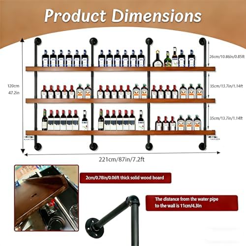 Wall Mounted Wine Rack with LED Light - 3-Tier Solid Wood Industrial Rustic Floating Shelves, Bottle Storage Organizer for Kitchen, Bar, Pub, Cellar, Home Bar (Walnut, 221cm/87in) - Image 2