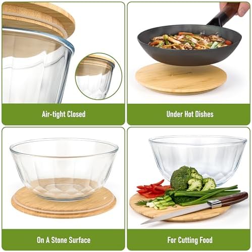 Large Stackable Glass Mixing Bowls with Bamboo Lids Set of 5 - Image 4