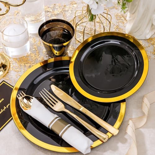 YOUBET 350PCS Black and Gold Plastic Plates for Party Wedding Halloween - Image 5