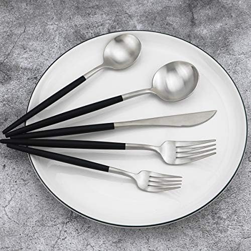 Black Handle Matte Silver Silverware Set - 5-Piece 18/10 Stainless Steel Satin Finish Flatware, Kitchen Utensils, Tableware Travel Cutlery for Camping Office Lunch - Dishwasher Safe - Image 3
