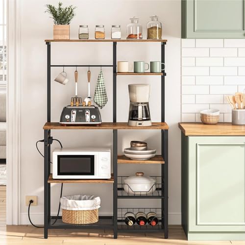 HOOBRO Large Bakers Rack with Power Outlets, 6-Tier Microwave Stand with 4 Hooks, Coffee Bar, Kitchen Shelf with Wire Basket, for Kitchen, Living Room, Office, Rustic Brown and Black BF64UHB01 - Image 2