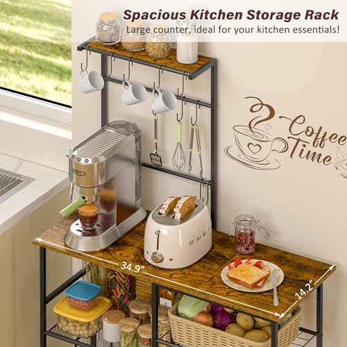 3IngSeagulls Bakers Rack with Power Outlet, Kitchen Microwave Stand with 10 S-shaped Hooks, 6-Tier Coffee Bar Station, Kitchen Storage Shelf Rack for Spices, Pots, Rustic Brown - Image 5