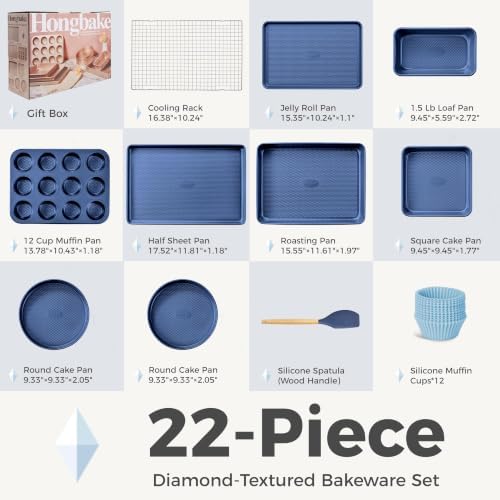HONGBAKE 22-Piece Baking Pans Set Nonstick, Stackable Non Toxic Bakeware Sets with Diamond Texture, Oven Pan Set for Cooking, Includes Cookie Sheet with Rack, Cake Pan, Roasting Pan, Muffin Tin, Blue - Image 6