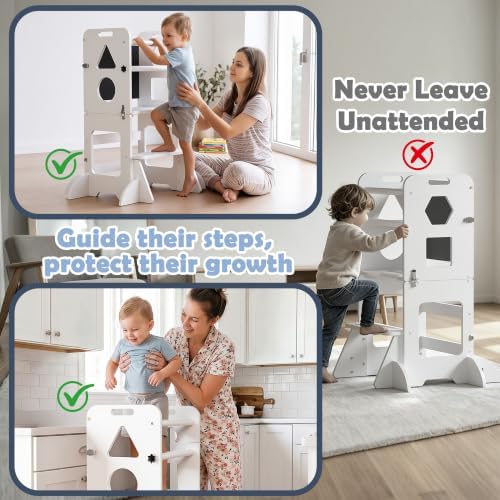 Toddler Standing Tower Anti-Tip Wooden Kitchen Step Stool Helper，White - Image 5