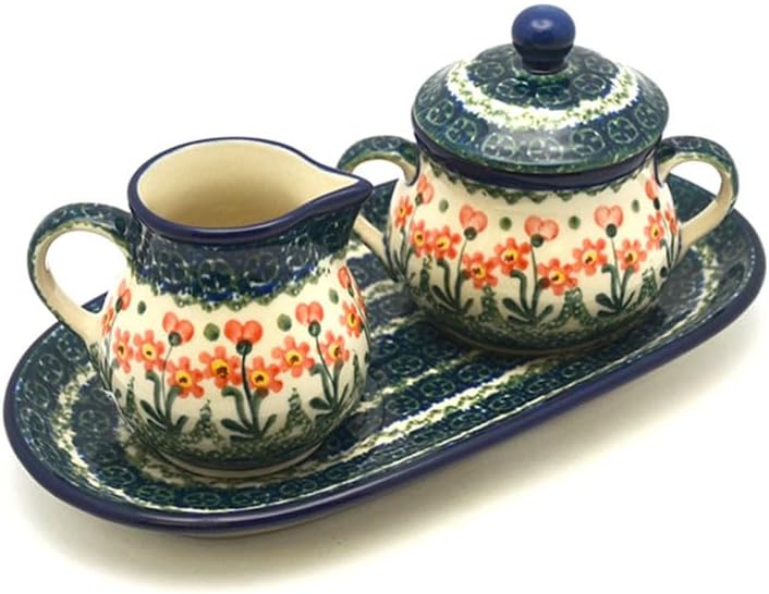 Polish Pottery Cream & Sugar Set - Peach Spring Daisy by Polish+Pottery+Gallery