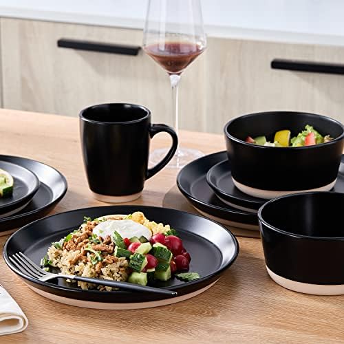 Stone Lain Jules Stoneware 16-Piece Dinnerware Set, Plates and Bowls, Service for 4, Black, Microwave & Dishwasher Safe - Image 4