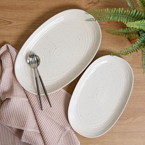 SANGO Siterra 2-Piece Speckled Stoneware Serving Platter Set- Large & Medium Ceramic Platters with Glossy Rustic Glaze for Kitchen, White Serving Dishes for Entertaining, Microwave and Dishwasher Safe by Sango