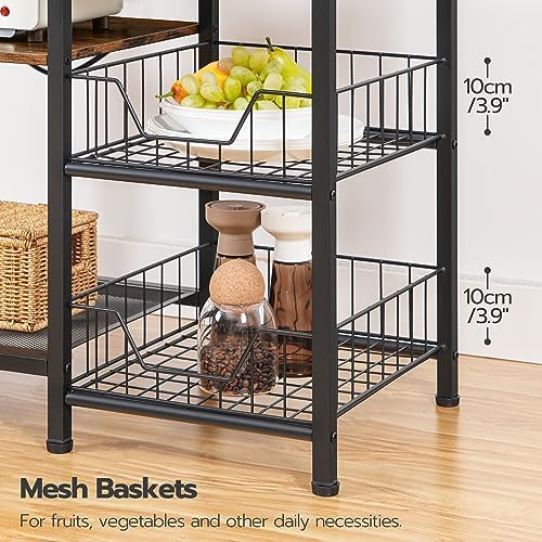 HOOBRO Large Bakers Rack with Power Outlets, 6-Tier Microwave Stand with 4 Hooks, Coffee Bar, Kitchen Shelf with Wire Basket, for Kitchen, Living Room, Office, Rustic Brown and Black BF64UHB01 - Image 6