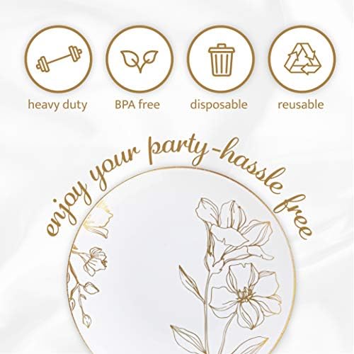 [6'' Plates 10 Count] White Plastic Floral Design Party Plates With Gold Rim Premium heavyweight Elegant Disposable Tableware Dishes - Image 7