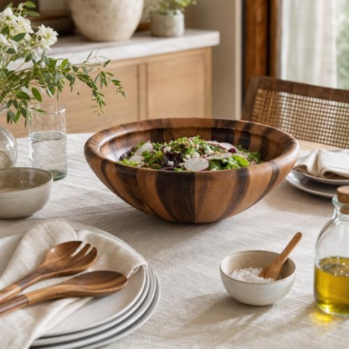 Arthur Court Acacia Wood Salad Bowl - Modern Wavy Design for Fruits and Salads - 6" Tall, 16" Diameter - Image 6
