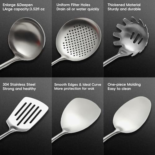 Izurok 18/10 Stainless Steel Kitchen Utensils Set,10 Piece Cooking Utensils With Wood Handle,Heat Resistant Kitchen Tool Set With Spatula,Spoon,Ladle,Skimmer,Slotted Turners,Pasta,Turner,Ladl,Fork - Image 3