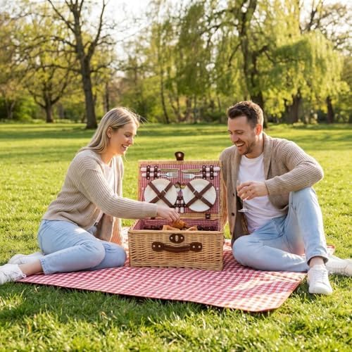 Multifunctional Wicker Picnic Basket Set for 4 Adults with Pink Blankets - Image 5
