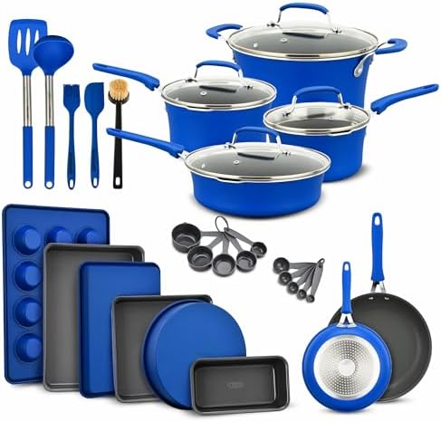 Pots and Pans Set, 23-Piece Non Stick Cookware & Bakeware Sets with Plaid Pattern, Stackable Design, Dishwasher Safe, Stain-resistant, Oven & All-Stove Safe, Tempered Glass Lid, Blue by BAKK%C3%8BNMASTER