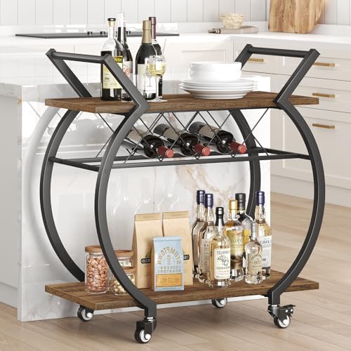 LVB Industrial Bar Cart, Beverage Serving Cart with Wheels, Rustic Brown - Image 6