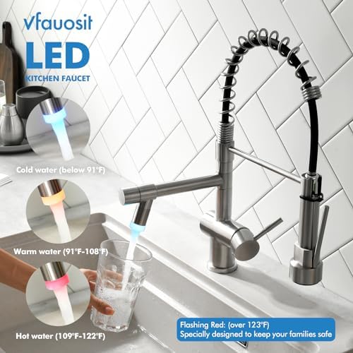 VFAUOSIT Kitchen Faucet with Pull Down Sprayer, Brushed Nickel LED Light - Image 2