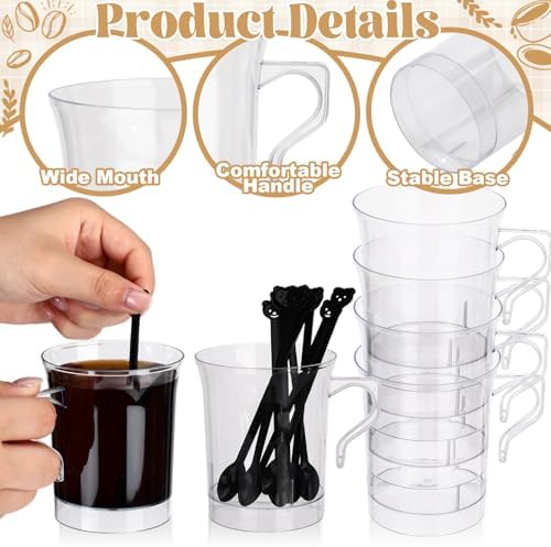 100 Pcs Plastic Coffee Cups Mugs with Handle Spoon 8 oz Tea Cup Bulk, Clear - Image 3