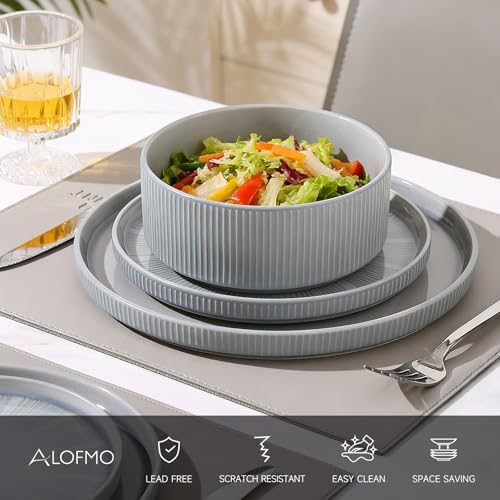 Stoneware Dinnerware Sets for 6, 18-Piece Plates and Bowls Set, Smoky Blue - Image 3