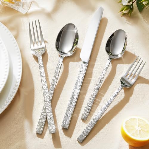 60 Pcs Hammered Silverware Set for 12, 18/10 Stainless Steel Flatware - Image 3