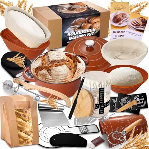 EWFEN Sourdough Starter Kit with Enamel Cast Iron Pot, Complete Sourdough Bread Baking Supplies, Round & Oval Bread Proofing Basket with 34 Oz Starter Jar, Bread Making Tools Kit by EWFEN