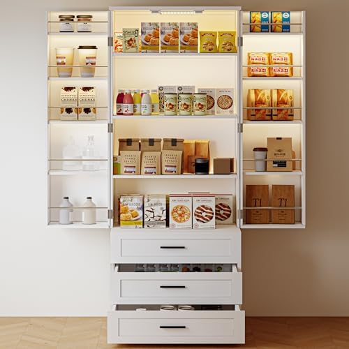 FJTJBSI 72" LED Kitchen Pantry Cabinet with 3 Drawers Farmhouse Tall Storage Cabinet Wood Food Pantry with Barn Doors and Adjustable Shelves Versatile Storage Freestanding Cupboard for Kitchen by FJTJBSI