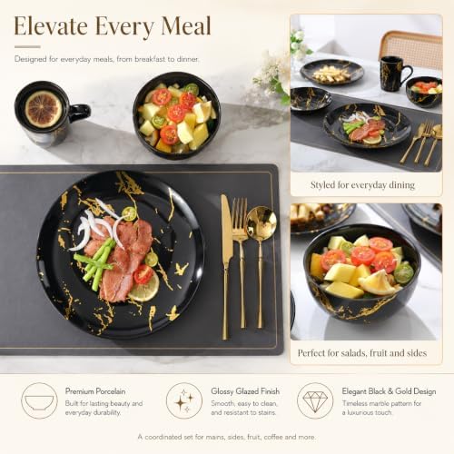Black and Gold Marble Dinnerware Set for 4, 16-Piece Porcelain - Image 5