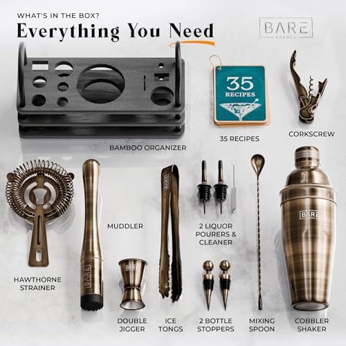 BARE BARREL® Mixology Bartender Kit Bar Set | 14-Piece Cocktail Shaker Set | Martini Barware Mixing Tools for Home Bartending | 35 Recipe Cards | Gift Set (24oz Cobbler Shaker, Brass/Black) - Image 4