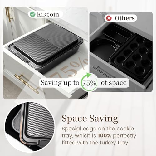 Kikcoin 25-Piece Nonstick Baking Pans Set with Large Turkey Roasting Pan, Stackable Ceramic Bakeware Set, 450°F Oven Safe Baking Sheet Set with Silicone Handles, Cookie Sheets for Baking, Black - Image 3