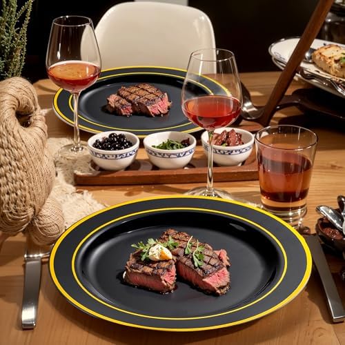 bUCLA 300PCS Black and Gold Disposable Dinnerware Set - 50 Guests Black Plastic Plates with Gold Rim Include 50 Dinner / 50 Dessert Plates, 50 Forks,50 Knives,50 Spoons&50 Cups for Party&Graduation - Image 3