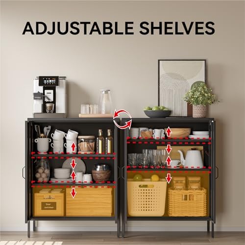 COFaR Black Metal Storage Cabinet, 40” Industrial Kitchen Organizer & Buffet Sideboard, 3-Tier Steel Cabinet with Adjustable Shelves, Magnetic Doors for Coffee Bar, Office, Dining Room - Image 5