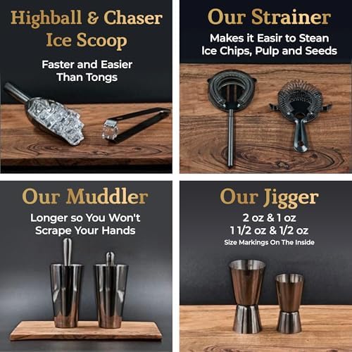 Highball & Chaser 13-Piece Gunmetal Black Stainless Steel Boston Cocktail Shaker Bar Tool Set with Mixology Bartender Kit Accessories - Image 6