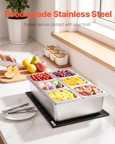VEVOR Countertop Food Serving Display Container, Stainless Steel Food Salad Server Tray, Buffet Condiment Dispenser, Ice Cooled Rack with Separate Lid, for Restaurant, Hotel, Party (6x1/6 Pan) - Image 2