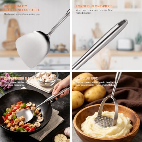 Metal Cooking Utensils Set 304 Stainless Steel Cooking Utensils with Holder - Image 3