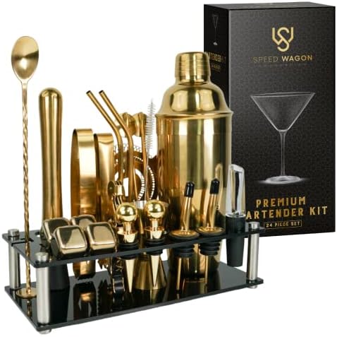 Mixology Bartender Kit – 24 Piece Gold Cocktail Shaker Set w/Stand – Essential Home Bar Accessories Martini Shaker, Jigger, Muddler, Chilling Cubes & More by Unknown