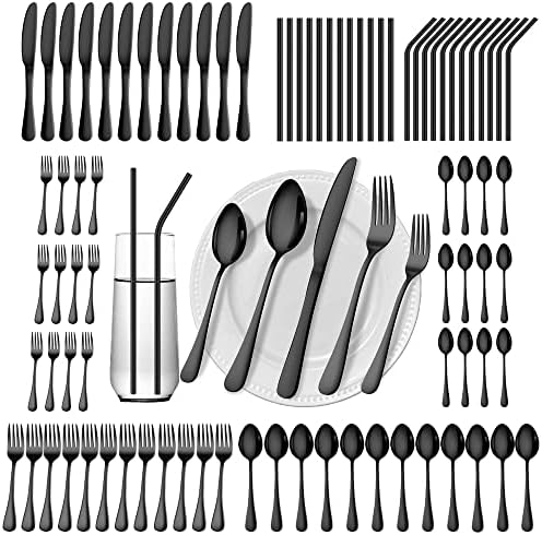 84 Pieces Black Silverware Set Service for 12 Flatware Set with Straws Stainless Steel Utensils Cutlery Set Dishwasher Safe by Gutuwellea