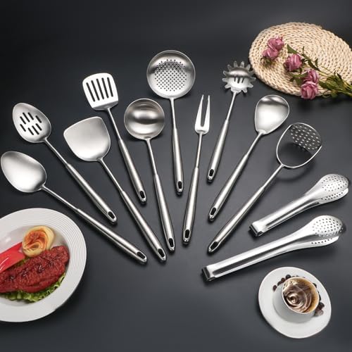 304 Stainlss Steel Kitchen Utensils Set, 12 Pcs Long Metal Cooking Utensil Gadgets Tools Set with Spatula, Ladle, Spoon, Ladle, Skimmer, Tunner, Pasta Server, Tongs(Silver, Dishwasher Safe) - Image 2