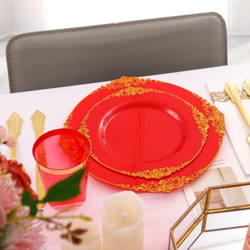 Morejoy 175PCS Red Plastic Plates,Red Disposable Plates With Gold Rim - Image 6