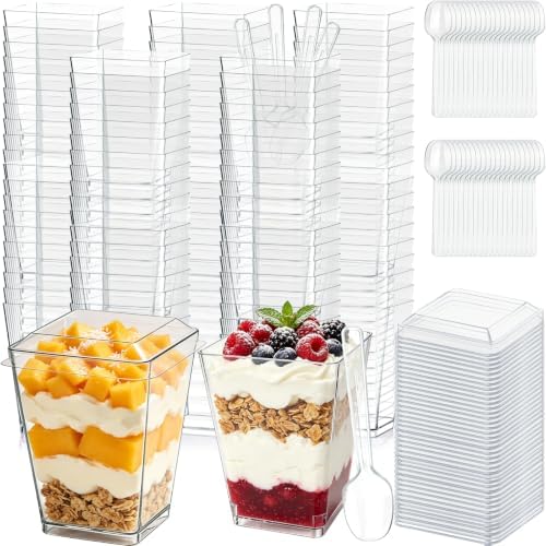 200 Pack 5oz Plastic Dessert Cups with Lids and Spoons, Clear Square by Unknown
