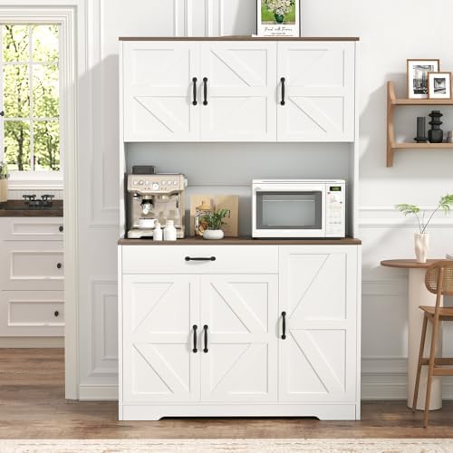 GRUSIGN 71" Pantry Cabinet with Charging Station, Large Capacity Kitchen Hutch Storage Cabinet, Kitchen Cabinet with Microwave Stand, Storage Drawers & Adjustable Shelves for Dining Room, White - Image 4