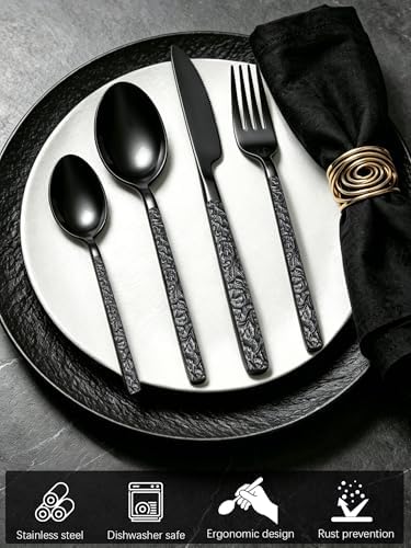 Black Silverware Set for 8 Modern Square Flatware Set Stainless Steel 32 Piece Cutlery Utensils Sets for Home Kitchen Restaurant Mirror Polished - Image 3