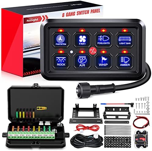 Nilight 8 Gang Switch Panel System Circuit Control Relay System Fuse Wiring Harness Automatic Dimmable ON Off LED Switch Pod for 12V Cars Trucks Campers SUV, 2 Years Warranty,Blue by Nilight