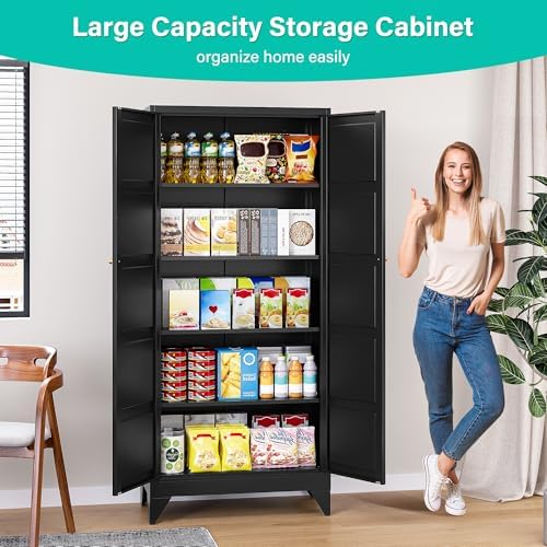 SISESOL Pantry Storages Cabinet with 2 Doors and 5 Shelves,Tall Storage Cabinet,Large Cupboard Closet,Metal Storage Cabinet for Home,Bathroom,Dining/Living Room (Black, 71" H) - Image 3