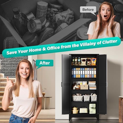 SISESOL 72" Tall Pantry Cabinet,Wide & Deep Farmhouse Kitchen Pantry Storage Cabinets with 2 Doors and 5 Shelves,Black Metal Storage Cabinet,Large Cupboard for Home,Kitchen,Dining/Living Room - Image 6