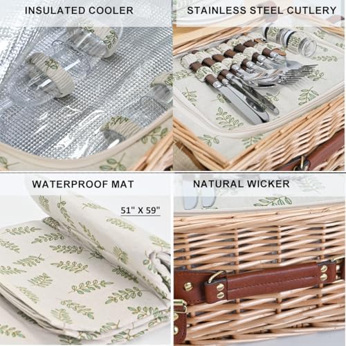 Multifunctional Wicker Picnic Basket Set for 4 with Blanket and Picnic Table, Insulated Picnic Set with Full Tablewares for Camping Outdoor Couples,Leaf - Image 4