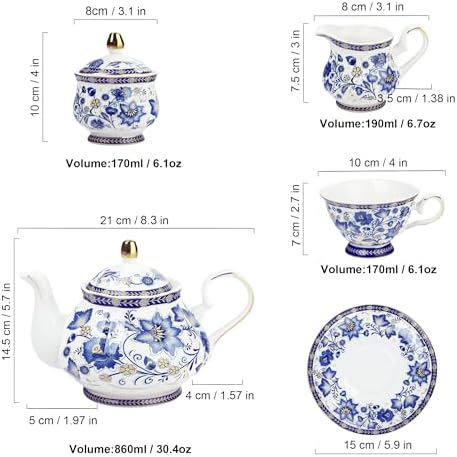 fanquare Porcelain Tea Sets,Blue British Coffee Cups& Saucer Service for 6, with Teapot,Sugar Bowl,Creamer Pitcher and Golden Metal Rack - Image 6