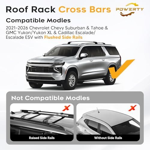 Powerty 300LBS Roof Rack Cross Bars for 2021-2026 Chevy Suburban & Tahoe & GMC Yukon XL & Cadillac Escalade ESV with Flush Side Rails, Lockable Aluminum Crossbar Carrier Luggage Roof Rails Rooftop - Image 2