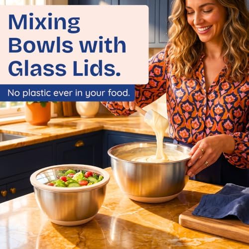 Non-Toxic Stainless Steel Mixing Bowls, Glass Lids, Plastic Free, 5-Pcs - Image 2