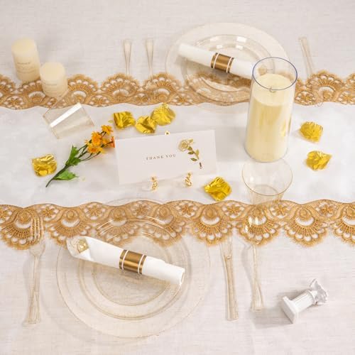 realluck 350 Piece Gold Glitter Plastic Dinnerware Set for 50 Guests, Disposable Plates for Party, Include: 50 Dinner Plates, 50 Dessert Plates, 50 Rolled Napkins with Silverware, 50 Cups - Image 6