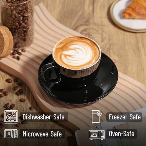 BTaT- Cappuccino Cups with Saucers 8 oz, Set of 6, Black Porcelain Coffee Cup and Saucer Set for Latte, Mocha, Tea, Au Lait, Flat White, Dishwasher, Microwave, Freezer and Oven Safe - Image 3