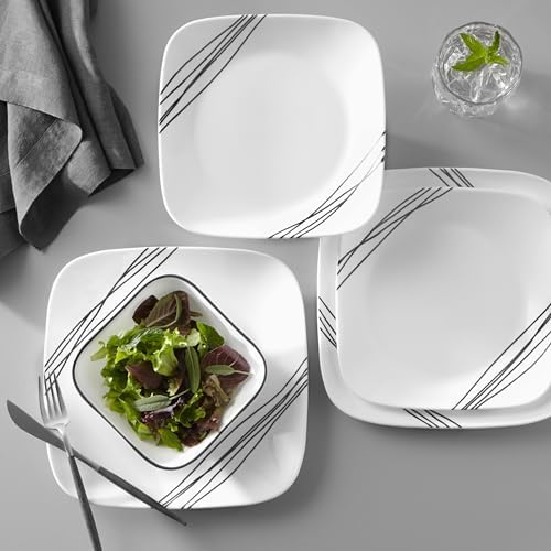 Corelle Vitrelle 18-Piece Service for 6 Dinnerware Set Triple Layer Glass and Chip Resistant, Lightweight Square Plates and Bowls Set, Simple Sketch - Image 2